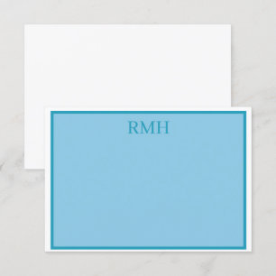 Cartão de Nota Plana Azul Teal e Branco Monograma