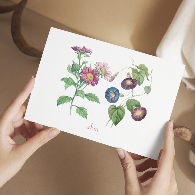 Cartão de Nota Plana Flor com Mês de Nascimento de (September Birthday Gift - Flat Note Card with the month's flowers, Aster and Morning Glory)