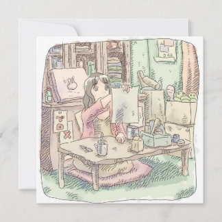 CARTÃO DE NOTAS さなししじ  部屋で茶色い机の前に座って書き上げた紙を持っている女性のイラスト
