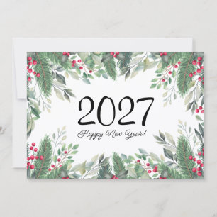 Cartão De Notas 2027,Feliz ano novo! folhagens natalícias bagas ve