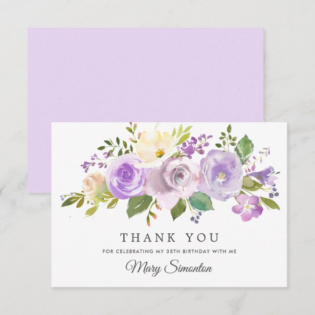 Cartão De Notas 35th Birthday Purple Rose Floral Flat Thank You (Frente/Verso)