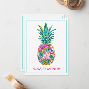 Cartão De Notas Abacaxi Floral Verde, Rosa Tropical