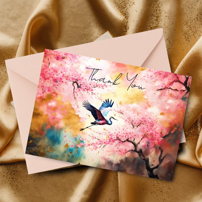 Cartão De Notas ai art Crane Voando Em Cherry Blossoms Obrigado (Send heartfelt thanks with AI art crane and cherry blossom card.)