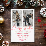 Cartão De Notas alegre caligrafia vermelha de natal 2 fotos colage<br><div class="desc">feliz natal redcalliografia de natal com duas fotos,  cartão de colagem de feriado,  personalizado.</div>