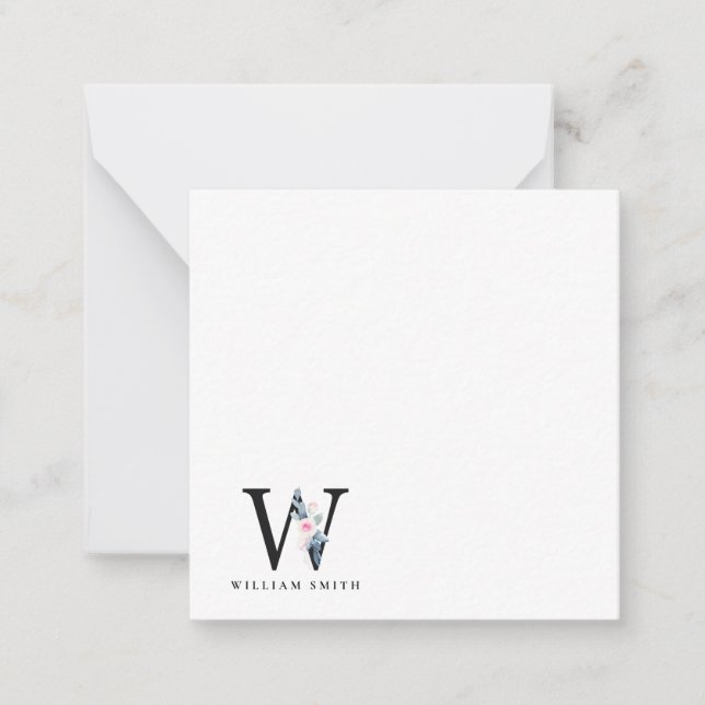 CARTÃO DE NOTAS ALFABETES FLORAIS AZUIS SUAVES LETRA W (Frente)