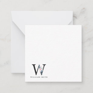 CARTÃO DE NOTAS ALFABETES FLORAIS AZUIS SUAVES LETRA W