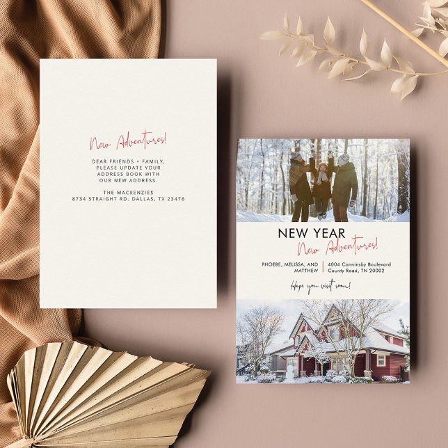 Cartão De Notas Alteração de Endereço em Movimento para Aventuras  (Family Photo New Year Moving Announcement Note Card)