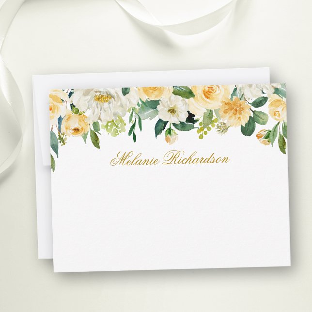 Cartão De Notas Amarelo Amarelo Floral Personalizado Dourado (Customize to change text color,  text style or to add more text to back of card.)