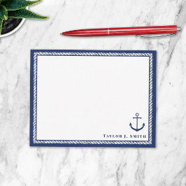 Cartão De Notas Âncora Náutica Personalizada Azul Marinho e Branco