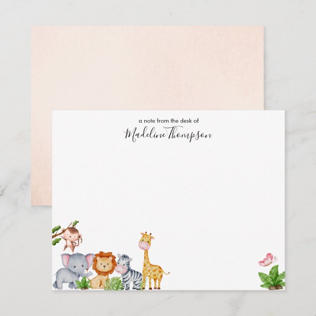 Cartão De Notas Animais de selva da Safari fofos, crianças, Script (Frente/Verso)