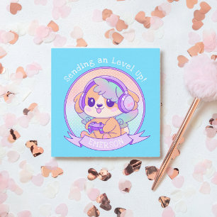Cartão De Notas Aniversário da Garota Gamadora do Kawaii legal Des