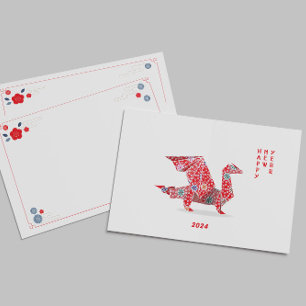 Cartão De Notas Ano Novo Chinês 2024 Dragão de Origami Vermelho 