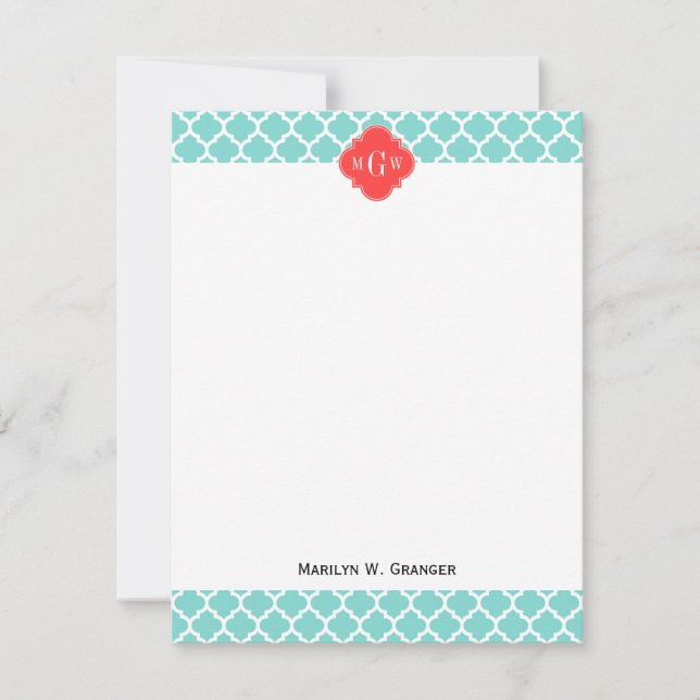 Cartão De Notas Aqua Marroquino #5 Coral Red 3 Monograma Inicial (Frente)