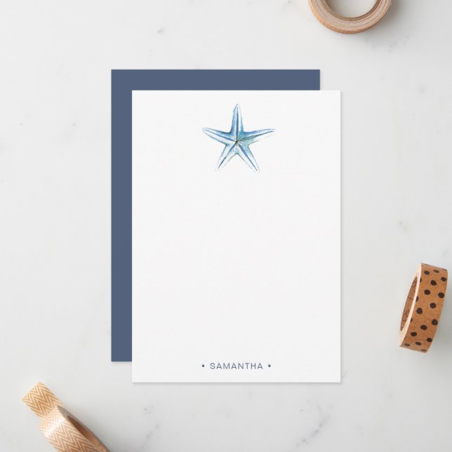 Cartão De Notas Aquarela Azul Starfish Personalizado Obrigado (Frente/Verso In Situ)