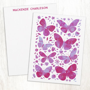 Cartão De Notas Aquarela Borboleta Rosa Personalizada