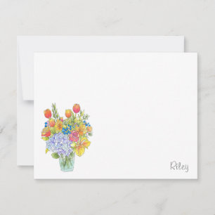 Cartão De Notas Aquarela Colorida, Buquê Floral com Caneta e Tinta