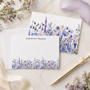 Cartão De Notas Aquarela de Flor Silvestre Roxa Azul Personalizada