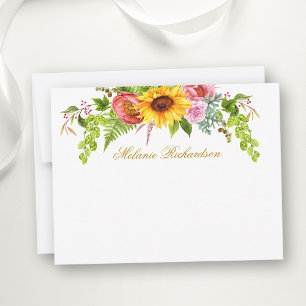 Cartão De Notas Aquarela Floral de Girassol Dourado Personalizado