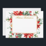 Cartão De Notas Aquarela Floral de Greenery Dourado Poinsettia Ver<br><div class="desc">Elegante Cartão de Nota Personalizado Quadro Aquarela Floral de Greenery Dourado inclui poinsettias vermelhas,  folhas de eucalipto,  pinhas,  agulhas de pinheiro,  algodão,  frutos de azevinho e outras belas folhagens botânicas de inverno.  Rótulo Dourado.</div>