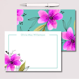 Cartão De Notas Aquarela Floral Rosa