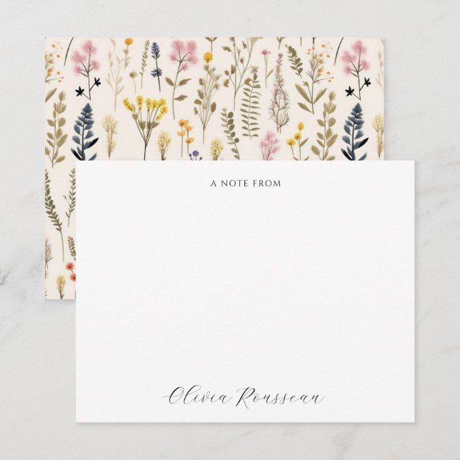 Cartão De Notas Aquarela Flores Silvestres Rosa Azul Script (Frente/Verso)
