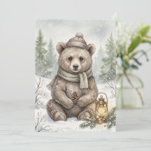 Aquarela Floresta de Inverno Urso Vintage