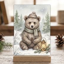 Aquarela Floresta de Inverno Urso Vintage