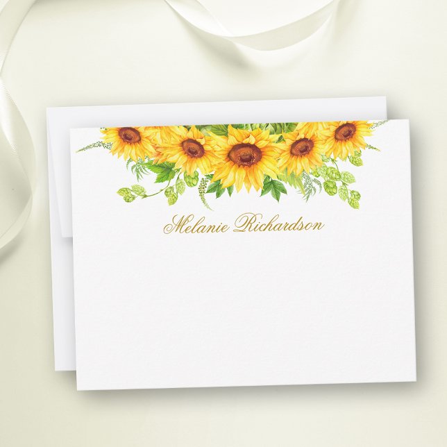 Cartão De Notas Aquarela Girassóis Flor Dourado Personalizado (Customize to change text color,  text style or to add more text to back of card.)