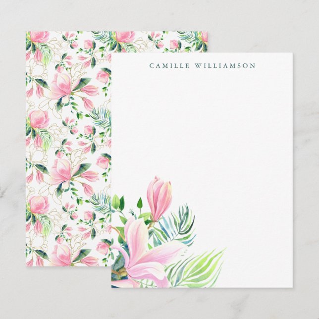 Cartão De Notas Aquarela Magnolia Flor a Rosa Personalizado (Frente/Verso)