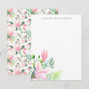 Cartão De Notas Aquarela Magnolia Flor a Rosa Personalizado