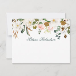 Cartão De Notas Aquarela Magnolia Rosa Floral Personalizada Verde