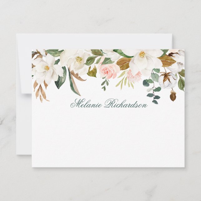 Cartão De Notas Aquarela Magnolia Rosa Floral Personalizada Verde (Frente)