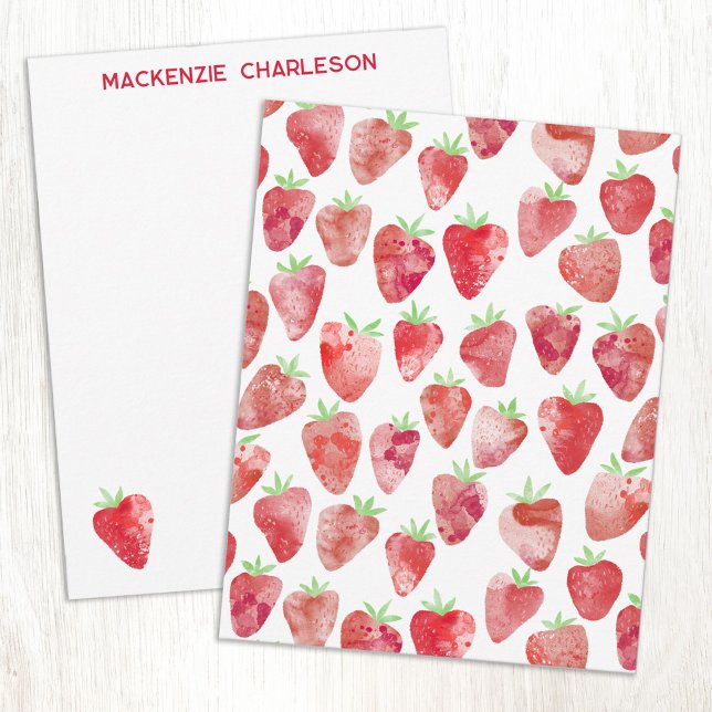 Cartão De Notas Aquarela Morango Personalizada (Strawberry watercolor art pattern personalized custom name or text notecards)