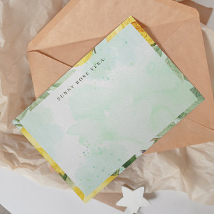 Cartão De Notas Aquarela Rosa Amarela Salpico Verde