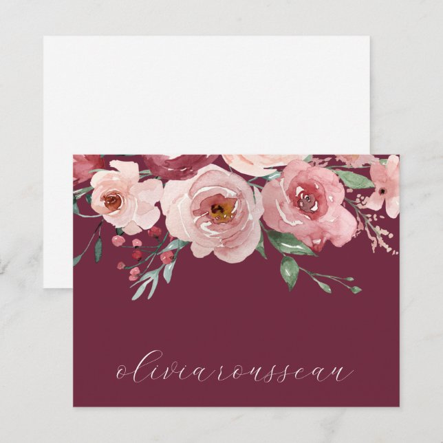 Cartão De Notas Aquarela Rosas Rosa Script Vinho Bordeaux (Frente/Verso)