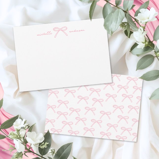 Cartão De Notas Arco Rosa Bege Nome (Blush Pink Bow Name Note Card)