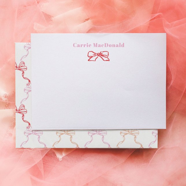 Cartão De Notas Arcos de Aquarela Rosa Vermelho com Caráter Person (Watercolor red and pink painted bows personalized stationery note cards.)