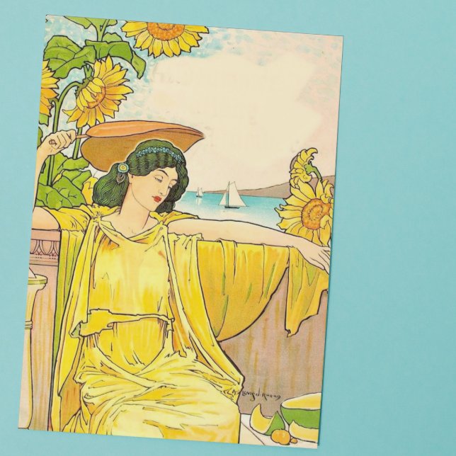 Cartão De Notas Art Nouveau Mulher com Girassóis (Criador carregado)