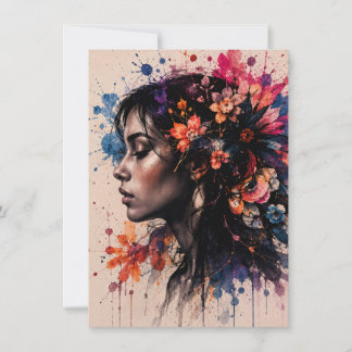 Cartão De Notas Arte Feminina Floral Colorida em Aquarela