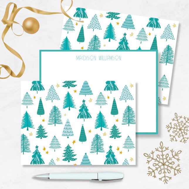 Cartão De Notas Árvore personalizada do inverno Natal Floresta (Green winter woodland Christmas tree forest holiday notecard. Personalize with your name.)