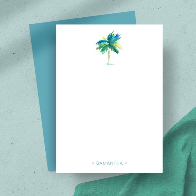 Cartão De Notas Árvore Tropical de Palma de Aquarela Pessoal (Personalized notecards watercolor tropical palm tree art by Victoria Grigaliunas Do Tell A Belle)