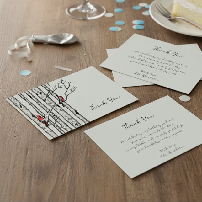 Cartão De Notas Árvores de Bétula Modernas e Pássaros Vermelhos Ob (Elegant Red Cardinal Bird in Winter Birch Tree Forest Thank You Note Card for Christmas & Holidays)