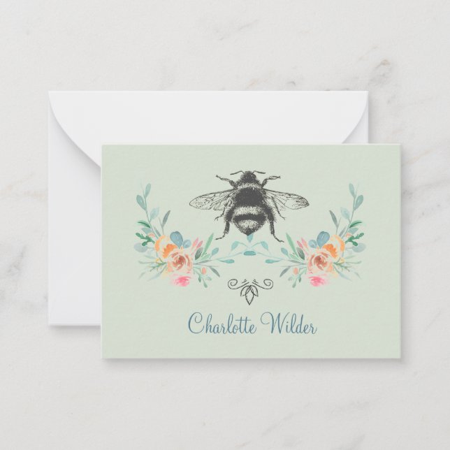 Cartão De Notas Assinatura de Script Personalizada Bee Floral Verd (Frente)