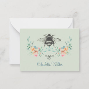 Cartão De Notas Assinatura de Script Personalizada Bee Floral Verd