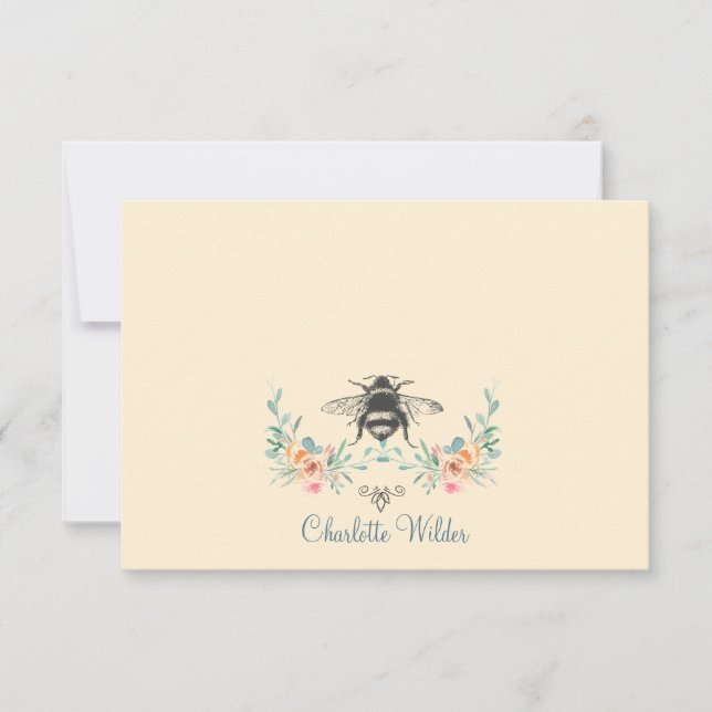 Cartão De Notas Assinatura de Script Personalizada de Bee Floral (Frente)