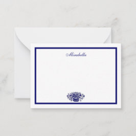 Cartão De Notas Azul Branco Flores Personalizado Borda Azul 3.5x2.