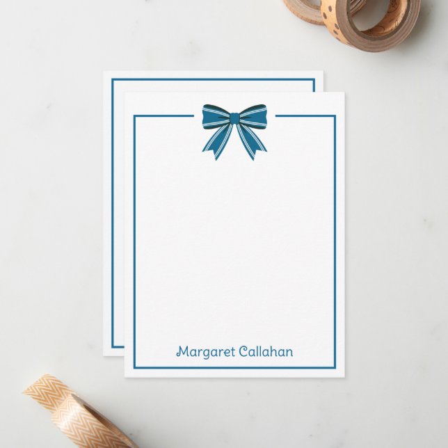 Cartão De Notas Azul e Branco Préppy com Laço Personalizado (Frente/Verso In Situ)