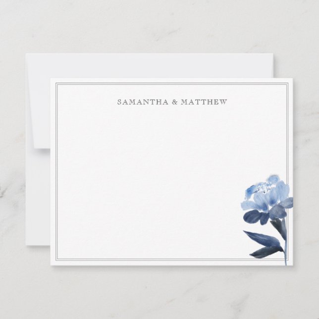 Cartão De Notas Azul Floral Aquarela Duas Bordas Casal (Frente)