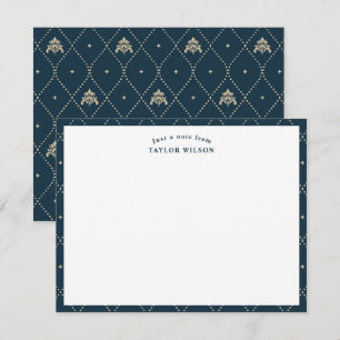 Cartão De Notas Azul Marinho e Dourado Damask Lattice Personalizad