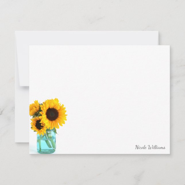 Cartão De Notas Azul Mason Jar Sunflower Personalização Papel de C (Frente)